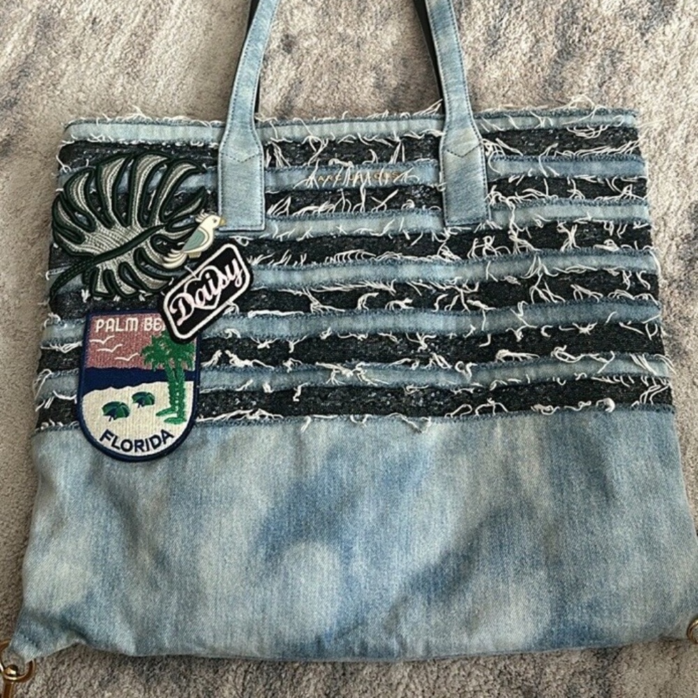 Marc Jacobs Wingman Striped Denim Tote Bag Sequined Tropical Patch